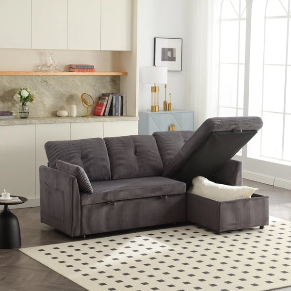 Multifunktionel hjørnesovesofa - L-formet 3-personers - Udtræksseng - Opbevaring - Vendbar chaiselong - Fløjl - Bredde under 200 cm - Mørkegrå
