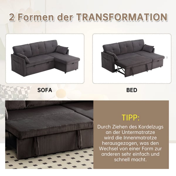 Multifunktionel hjørnesovesofa - L-formet 3-personers - Udtræksseng - Opbevaring - Vendbar chaiselong - Fløjl - Bredde under 200 cm - Mørkegrå