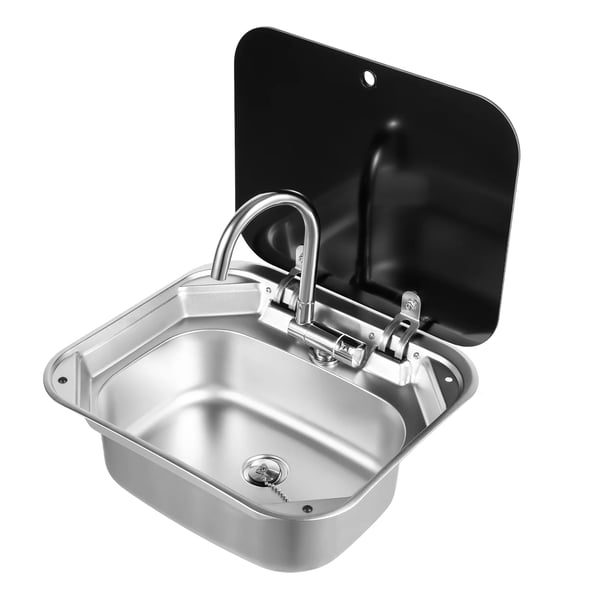 Campingvask til autocamper - Indbygningsvask med hærdet glaslåg og foldbar varm/kold armatur - 304 rustfrit stål - 41×36,5×16 cm - Sølv