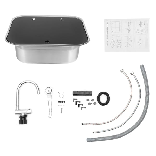 Vask til autocamper/van - Indbygningsvask - Klapbar varm/kold armatur - Hærdet glaslåg - 304 rustfrit stål - 41×36,5×16 cm - Sølv