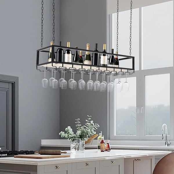 Vinglasholder & vinstativ - Loftmonteret hylde - Flydende design - 1 niveau - Med glasophæng - Sort