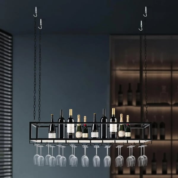 Vinglasholder & vinstativ - Loftmonteret hylde - Flydende design - 1 niveau - Med glasophæng - Sort