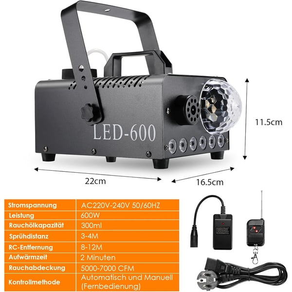 Røgmaskine - Tågemaskine med diskokugle - 600 W - 6-farvede LED-lys - Støbejern - Til fest, bryllup, DJ-scene