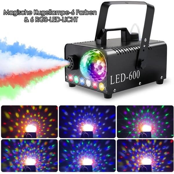 Røgmaskine - Tågemaskine med diskokugle - 600 W - 6-farvede LED-lys - Støbejern - Til fest, bryllup, DJ-scene