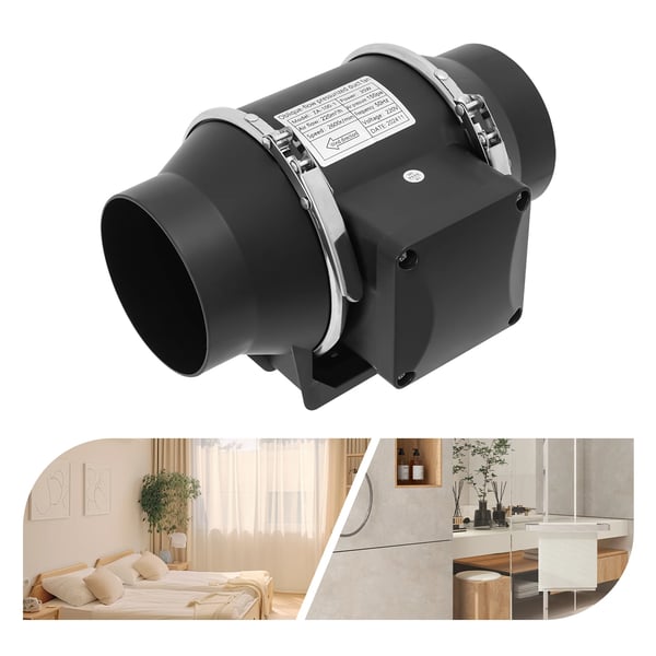 Kanalventilator - Rørventilator inline - Ø100 mm - Støjsvag drift - 220 V - Til køkken, badeværelse, værksted - Sort