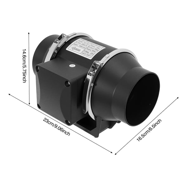 Kanalventilator - Rørventilator inline - Ø100 mm - Støjsvag drift - 220 V - Til køkken, badeværelse, værksted - Sort