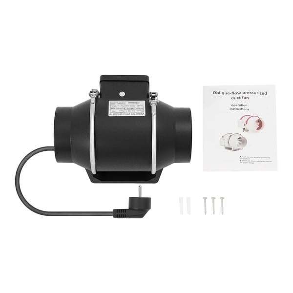 Kanalventilator - Rørventilator inline - Ø100 mm - Støjsvag drift - 220 V - Til køkken, badeværelse, værksted - Sort