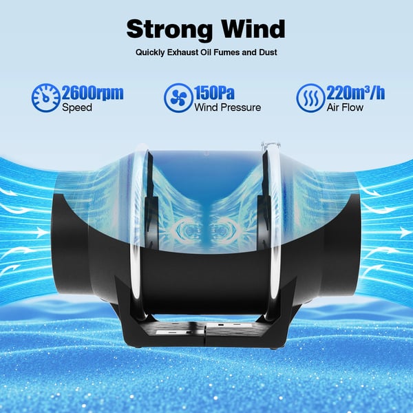 Kanalventilator - Rørventilator inline - Ø100 mm - Støjsvag drift - 220 V - Til køkken, badeværelse, værksted - Sort