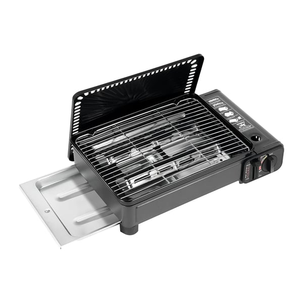 Bærbar camping gasgrill - Gasblus/BBQ - Butan/LP-gas - Med opbevaringsboks - Jern & rustfrit stål - Let at rengøre - 41,5×28×11 cm - Sort