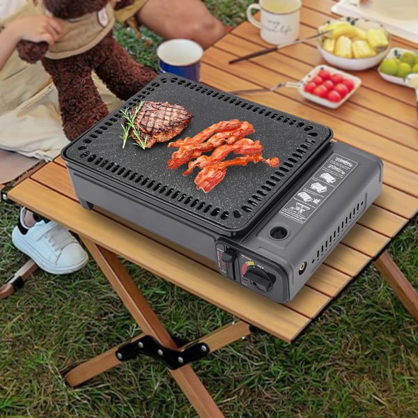 Bærbar camping gasgrill - Gasblus/BBQ - Butan/LP-gas - Med opbevaringsboks - Jern & rustfrit stål - Let at rengøre - 41,5×28×11 cm - Sort