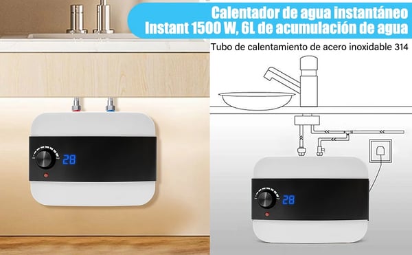Vandvarmer til køkken - Under vask 6 l elbeholder - 1500 W - 220 V AC - 0–65 °C - Hvid