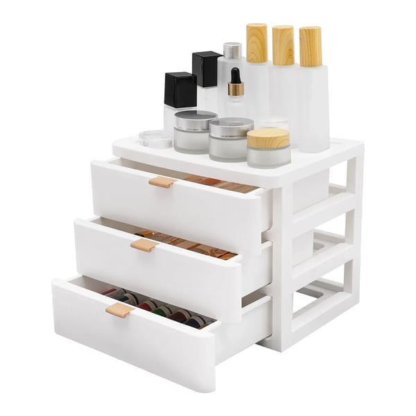 Skrivebordsorganizer - 3-skuffers opbevaringsboks - Med topplade - PP-plast - 26×20,2×22,3 cm - Maks 5 kg - Hvid
