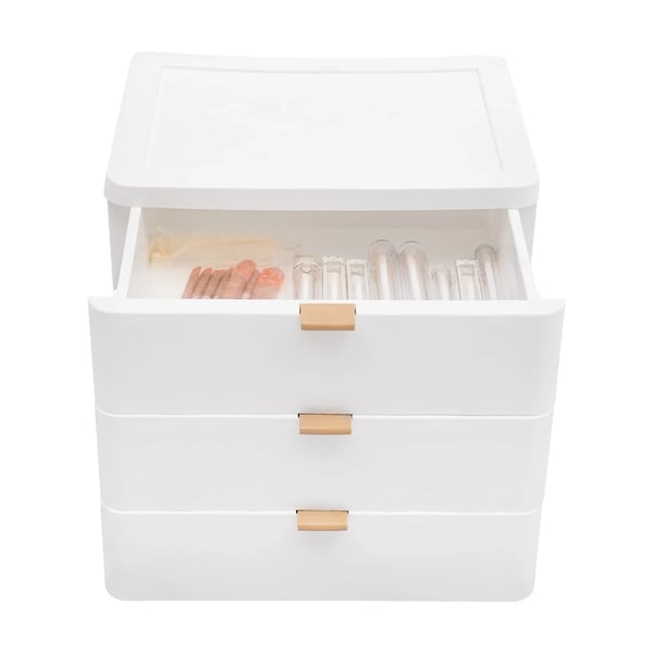 Skrivebordsorganizer - 3-skuffers opbevaringsboks - Med topplade - PP-plast - 26×20,2×22,3 cm - Maks 5 kg - Hvid