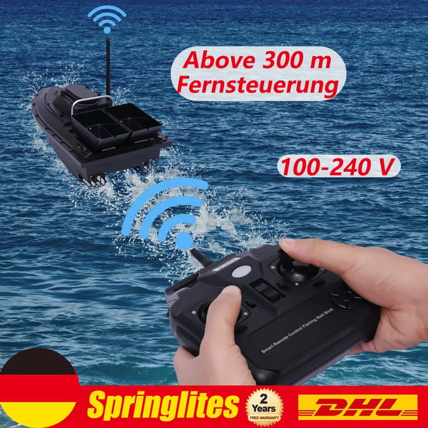 Foderbåd - RC fjernstyret - 1,8 kg lasteevne - 2,4 GHz - Rækkevidde 400–500 m - To uafhængige foderkamre - ABS-skrog - Sort