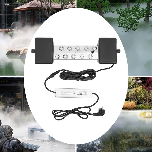 Ultraääni sumugeneraattori Mist Maker - Sumutin/Fogger - 304 ruostumaton teräs - Syöttö 90–130V, DC 45V - ≤20 l - 7 m² sisä/5 m² ulko - 28×7,8×4,5 cm