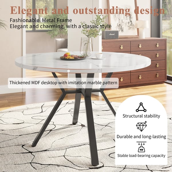 Marmorbord - Rundt spisebord - Ø 100 cm - Skandinavisk stil - Metalstel - Til 4 personer - Hvid