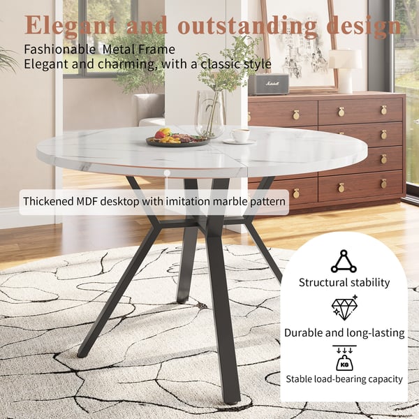 Marmorbord - Rundt spisebord - Ø 100 cm - Skandinavisk stil - Metalstel - Til 4 personer - Hvid