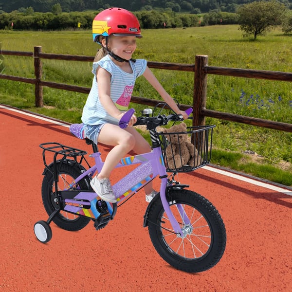 Børnecykel - 35 cm Hjul - Støttehjul - Mekaniske skivebremser for/bag - Ramme i højkulstofstål - Til 3–6 år (100–120 cm) - Max 50 kg - Lilla