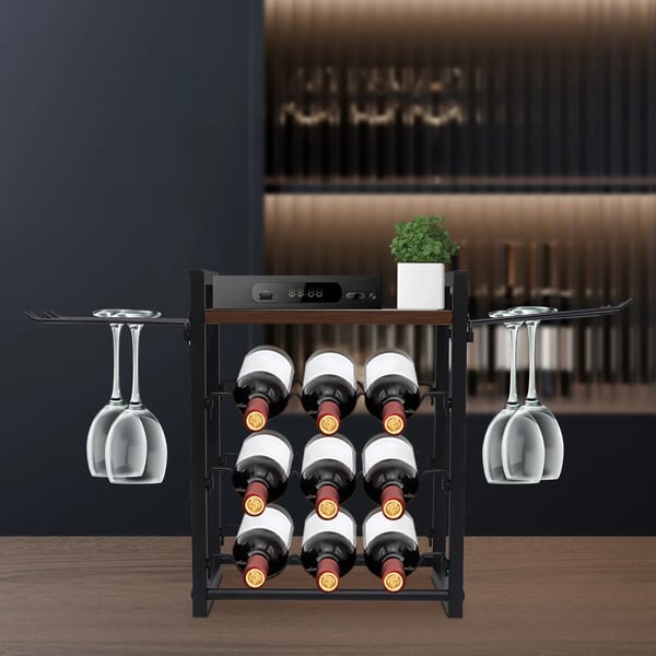 Vinstativ - Bordmodel i træ - Med bakke - Plads til 9 vinflasker og 4 glas - Fritstående - Brun