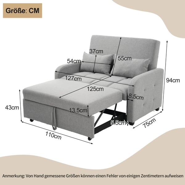 Sovesofa - 2-personers L-formet - Foldbar - Justerbart ryglæn - 180x127 cm - Kompakt design - Lysegrå