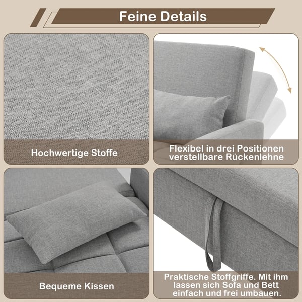 Sovesofa - 2-personers L-formet - Foldbar - Justerbart ryglæn - 180x127 cm - Kompakt design - Lysegrå