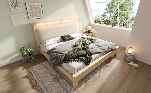 Dobbeltseng i træ - Sengeramme 140×200 cm - LED-belyst Gavl - Med Opbevaring - Polstret Ryglæn - Lameller i Træ - Gul