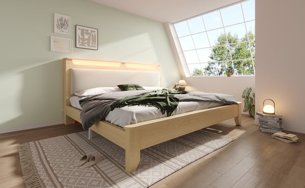 Dobbeltseng i træ - Sengeramme 140×200 cm - LED-belyst Gavl - Med Opbevaring - Polstret Ryglæn - Lameller i Træ - Gul