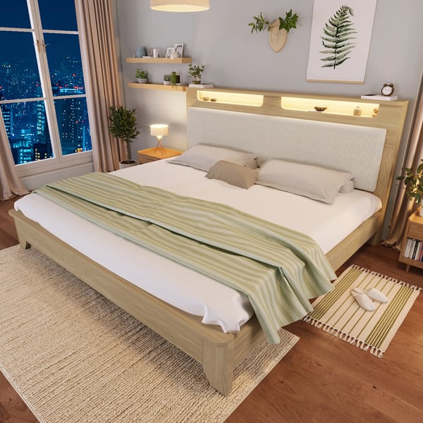 Dobbeltseng i træ - Sengeramme 140×200 cm - LED-belyst Gavl - Med Opbevaring - Polstret Ryglæn - Lameller i Træ - Gul