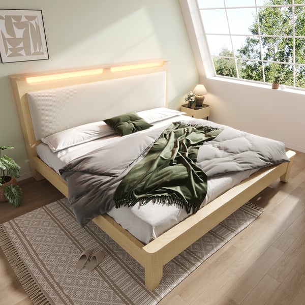 Dobbeltseng i træ - Sengeramme 140×200 cm - LED-belyst Gavl - Med Opbevaring - Polstret Ryglæn - Lameller i Træ - Gul