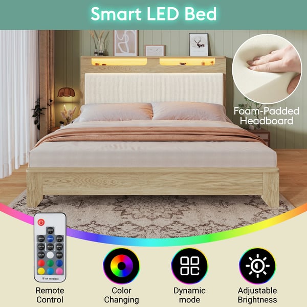 Dobbeltseng i træ - Sengeramme 140×200 cm - LED-belyst Gavl - Med Opbevaring - Polstret Ryglæn - Lameller i Træ - Gul