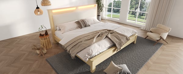 Dobbeltseng i træ - Sengeramme 140×200 cm - LED-belyst Gavl - Med Opbevaring - Polstret Ryglæn - Lameller i Træ - Gul
