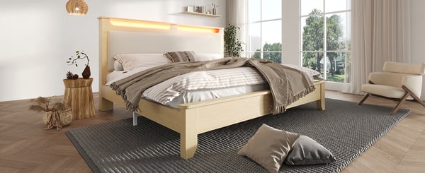 Dobbeltseng i træ - Sengeramme 140×200 cm - LED-belyst Gavl - Med Opbevaring - Polstret Ryglæn - Lameller i Træ - Gul