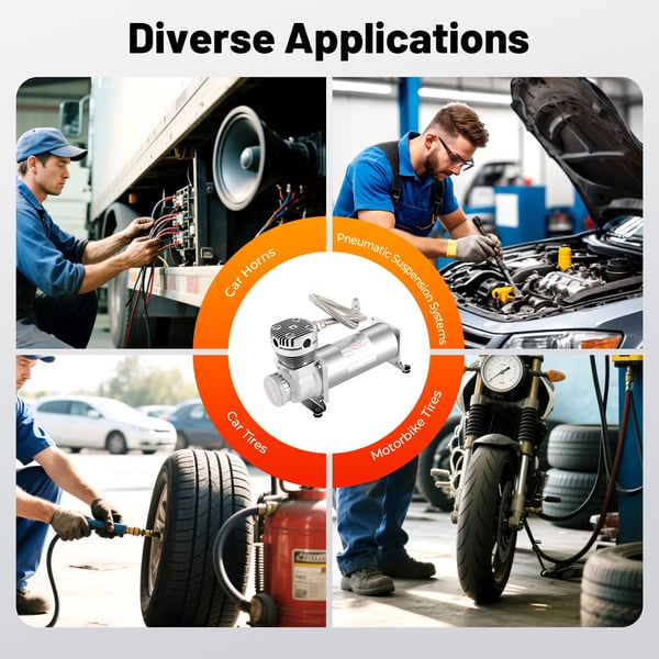 Bil Luftkompressorsæt - 12V DC Luftaffjedringspumpe - 200 PSI - NPT 6,35 mm Gevind - Ekstra Kraftig - Til Dæk & Air Ride - Sølv