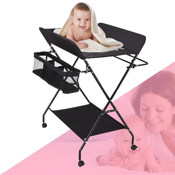 Puslebord til baby - Sammenklappelig puslestation - Højdejusterbar - Med opbevaring - Jernramme & oxfordstof - Til 0–12 mdr - Sort