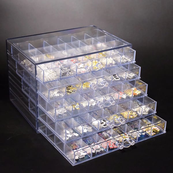 Opbevaringsboks til Smykker & Nail Art - Displayboks - 120 Rum - 5 Skuffer - Akryl - Mål 21,5×14,5×15 cm - Gennemsigtig