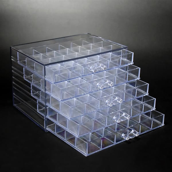 Opbevaringsboks til Smykker & Nail Art - Displayboks - 120 Rum - 5 Skuffer - Akryl - Mål 21,5×14,5×15 cm - Gennemsigtig