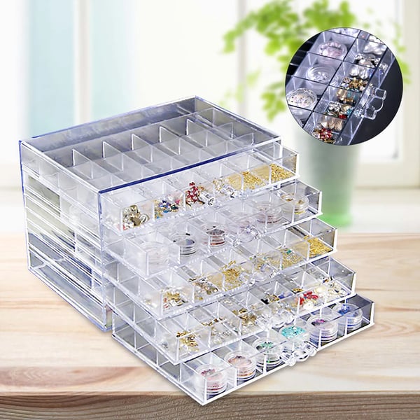 Opbevaringsboks til Smykker & Nail Art - Displayboks - 120 Rum - 5 Skuffer - Akryl - Mål 21,5×14,5×15 cm - Gennemsigtig