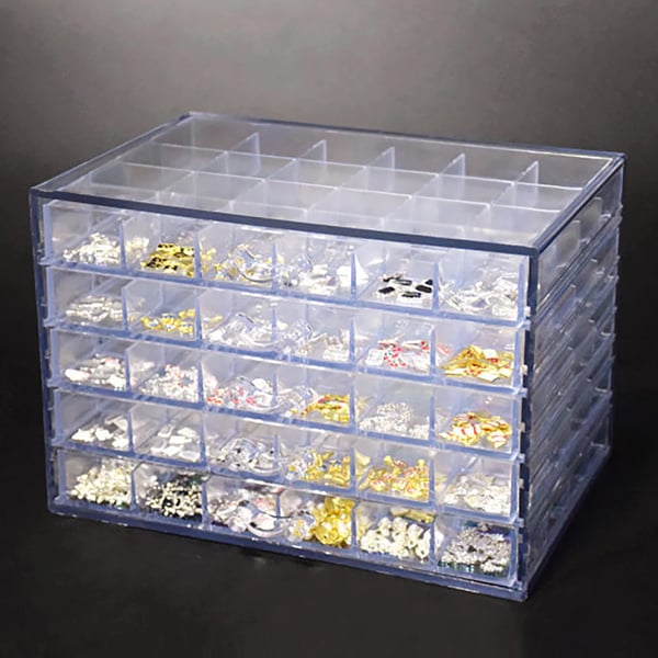 Opbevaringsboks til Smykker & Nail Art - Displayboks - 120 Rum - 5 Skuffer - Akryl - Mål 21,5×14,5×15 cm - Gennemsigtig