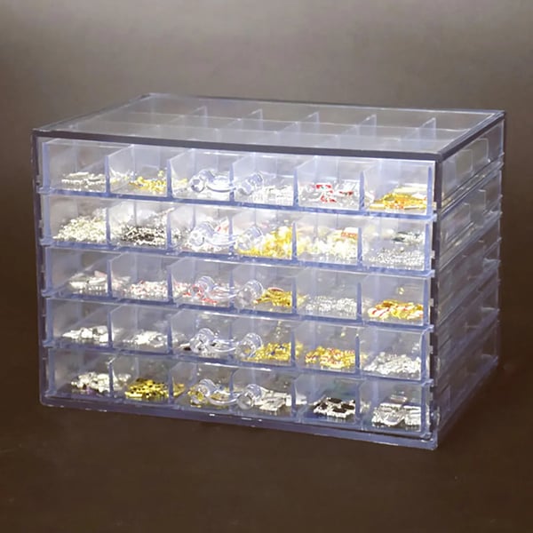 Opbevaringsboks til Smykker & Nail Art - Displayboks - 120 Rum - 5 Skuffer - Akryl - Mål 21,5×14,5×15 cm - Gennemsigtig