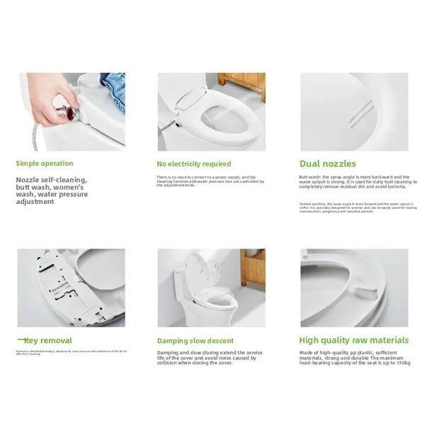 Bidet toiletsæde - Ikke-elektrisk - V-formet - Åben Front - Soft-Close - Selvrensende Dyse - PP-plast - Hvid