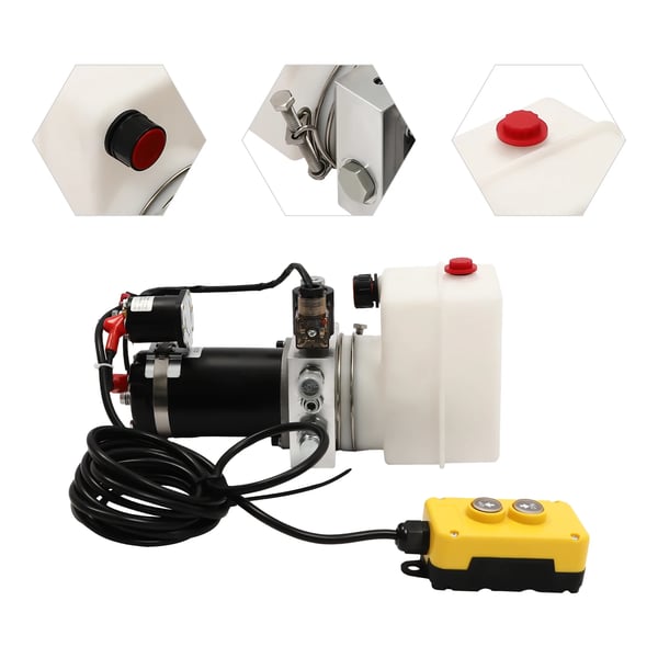 Hydraulikaggregat - Hydraulikpumpe - Spænding 12 V DC - Effekt 800 W - Enkeltvirkende - Tank 1,5 l - Til tipbil & trailer - Sort