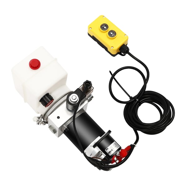 Hydraulikaggregat - Hydraulikpumpe - Spænding 12 V DC - Effekt 800 W - Enkeltvirkende - Tank 1,5 l - Til tipbil & trailer - Sort