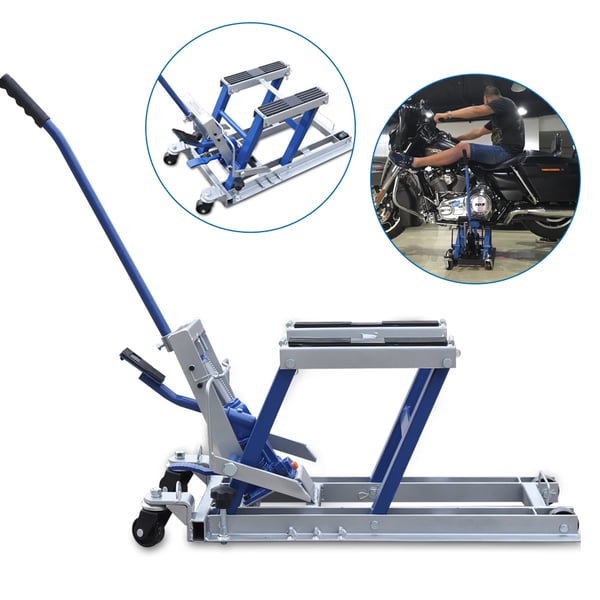 Motorcykelløfter - Sakseløfter - Bæreevne 680 kg - Løftehøjde 15–37 cm - Platform 75×35 cm - Stål - Blå