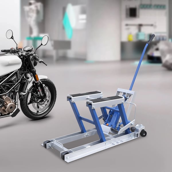 Motorcykelløfter - Sakseløfter - Bæreevne 680 kg - Løftehøjde 15–37 cm - Platform 75×35 cm - Stål - Blå