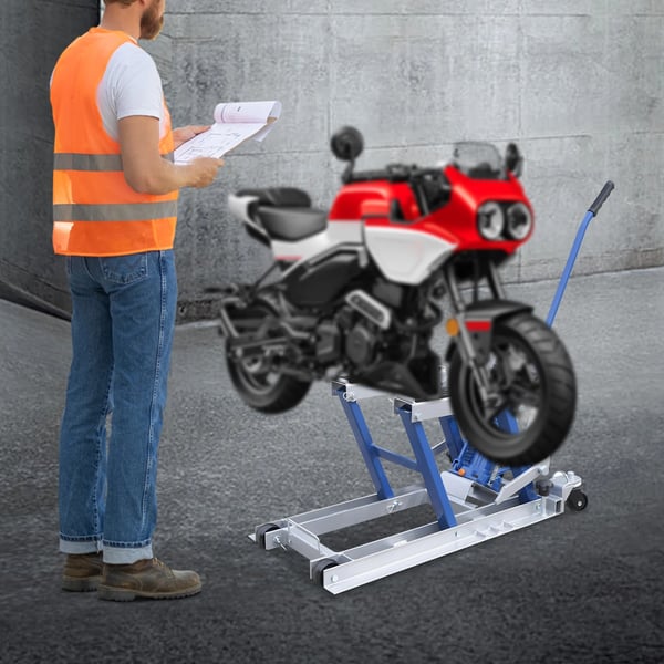 Motorcykelløfter - Sakseløfter - Bæreevne 680 kg - Løftehøjde 15–37 cm - Platform 75×35 cm - Stål - Blå