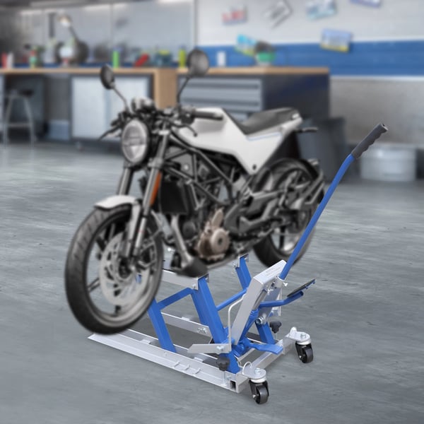 Motorcykelløfter - Sakseløfter - Bæreevne 680 kg - Løftehøjde 15–37 cm - Platform 75×35 cm - Stål - Blå