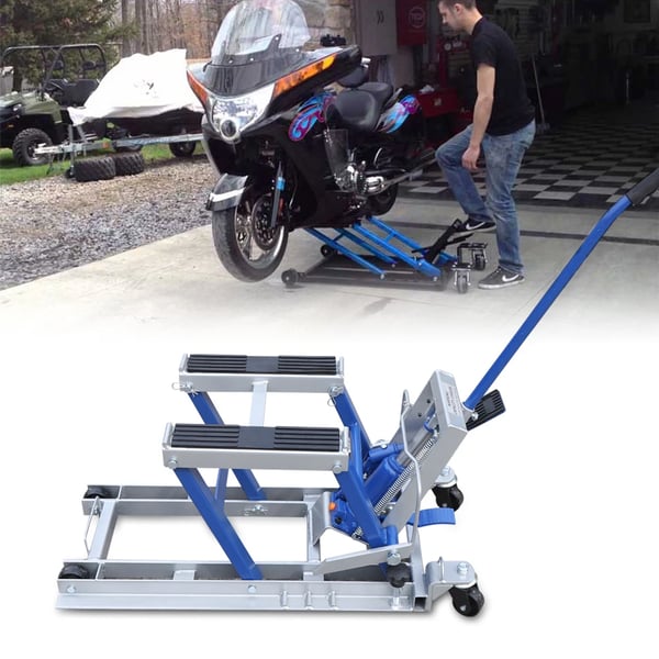 Motorcykelløfter - Sakseløfter - Bæreevne 680 kg - Løftehøjde 15–37 cm - Platform 75×35 cm - Stål - Blå