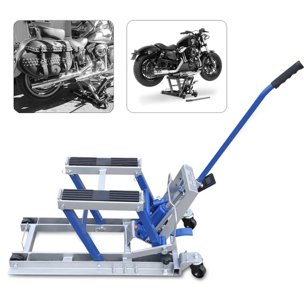 Motorcykelløfter - Sakseløfter - Bæreevne 680 kg - Løftehøjde 15–37 cm - Platform 75×35 cm - Stål - Blå