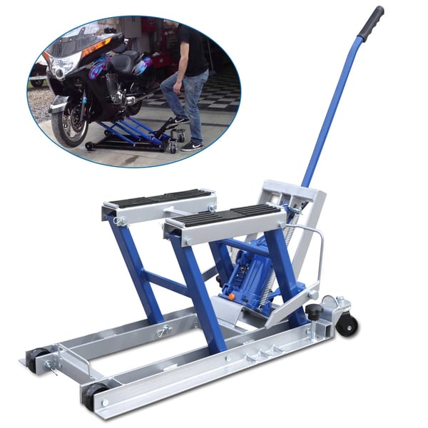 Motorcykelløfter - Sakseløfter - Bæreevne 680 kg - Løftehøjde 15–37 cm - Platform 75×35 cm - Stål - Blå