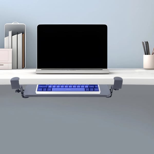 Tastatur- og musebakke - Skydbar under skrivebord - L-form - Klemme-montering - Teak & aluminiumlegering - Samles - Til computerbord